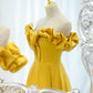 Yellow satin long A line prom dress evening dress  8812