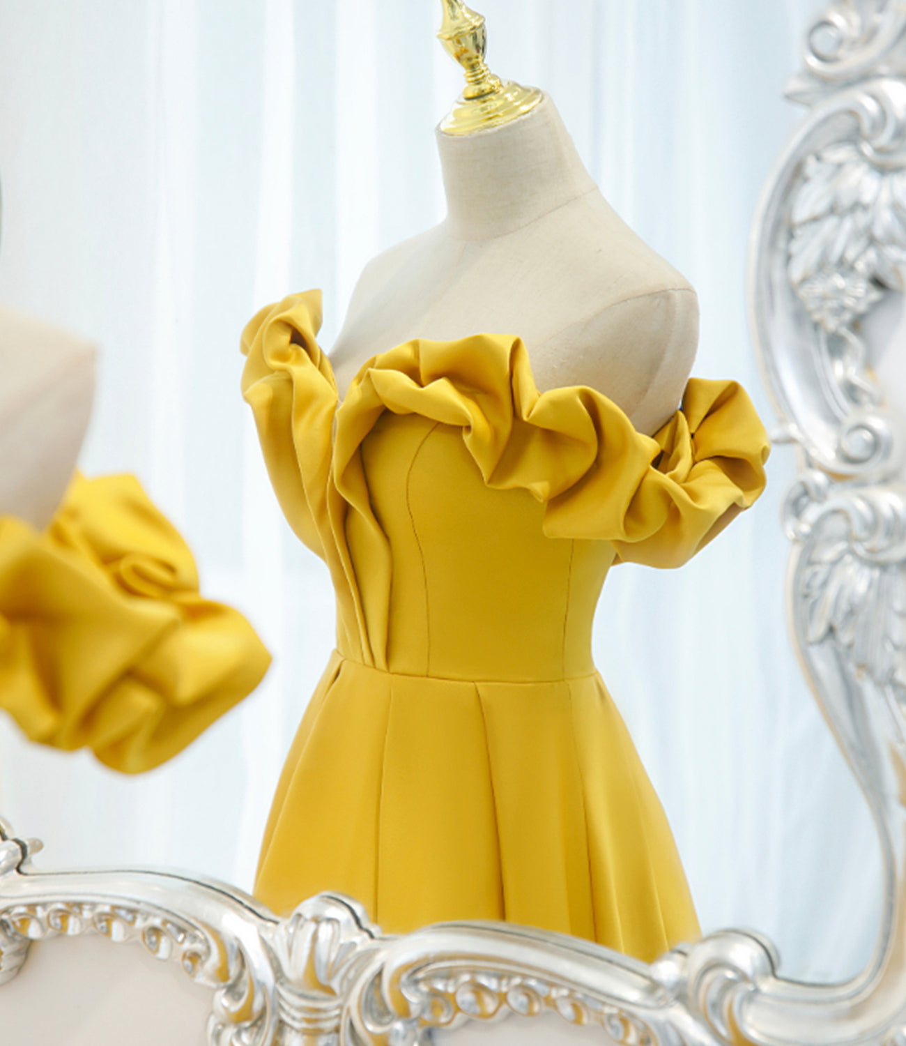 Yellow satin long A line prom dress evening dress  8812