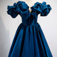 Blue satin long A line prom dress blue evening dress  8877