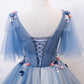 Blue v neck tulle long prom gown formal dress  8478