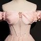 Pink tulle long A line prom dress pink evening dress  8693