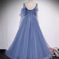 Blue tulle long prom dress simple evening dress  8430