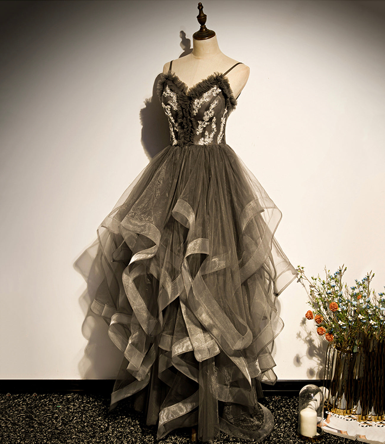 Gray tulle long A line prom dress evening dress  8824
