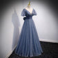 Blue v neck tulle long prom dress blue evening dress  8957