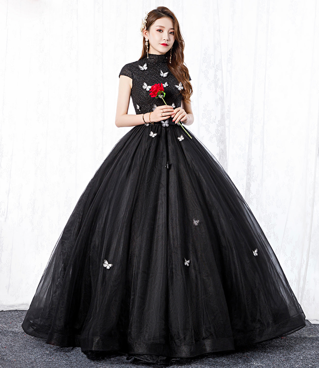 Black tulle long A line ball gown dress formal dress  8650
