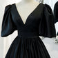 Black v neck satin long A line prom dress evening dress  8846
