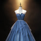 Blue tulle long A line prom dress blue evening dress  8909