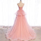 Pink tulle long prom dress A line evening gown  10012