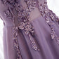 Purple v neck long A line prom dress lace evening dress  8586