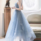 Blue tulle lace short A line prom dress party dress  8744