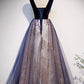 Blue v neck tulle long A line prom dress formal dress  8636