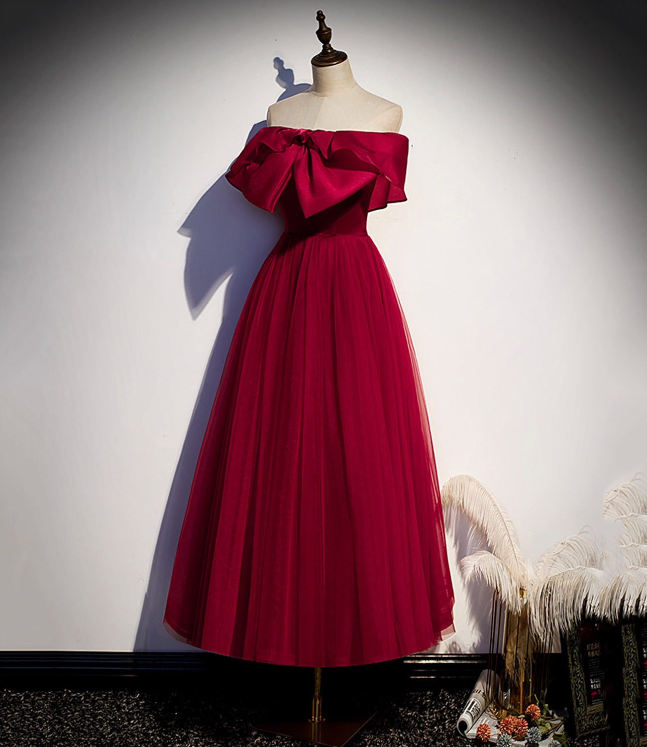 Burgundy tulle short A line prom dress party dress  8838