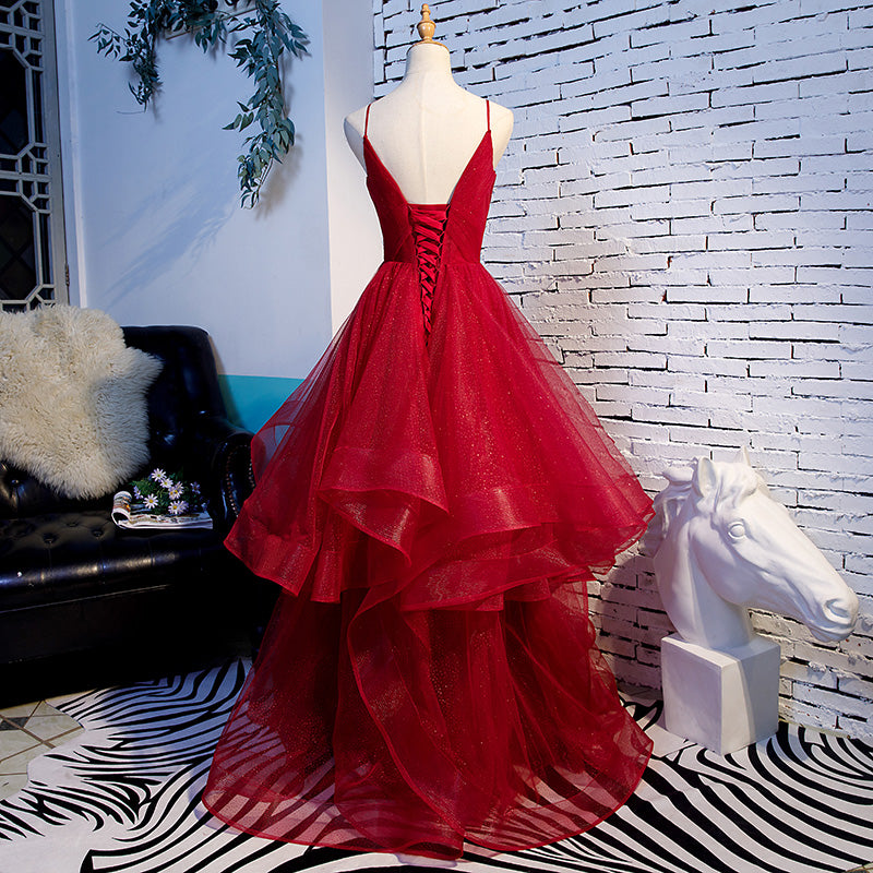 Burgundy v neck tulle long prom dress, evening dress  7985