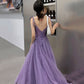 Purple tulle lace long prom dress A line evening gown  10127