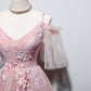Pink v neck tulle long prom dress evening dress  8455