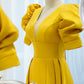 Yellow satin long A line prom dress evening dress  8847