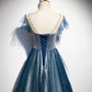 Blue tulle long A line prom dress blue evening dress  8928