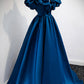 Blue satin long A line prom dress blue evening dress  8877