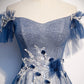 Shiny tulle sequins long prom dress blue evening dress  8429