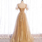 Gold tulle sequins long prom dress evening dress  8428