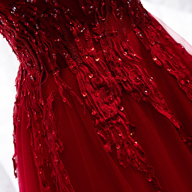 Robe de bal longue en tulle et dentelle bordeaux 8316