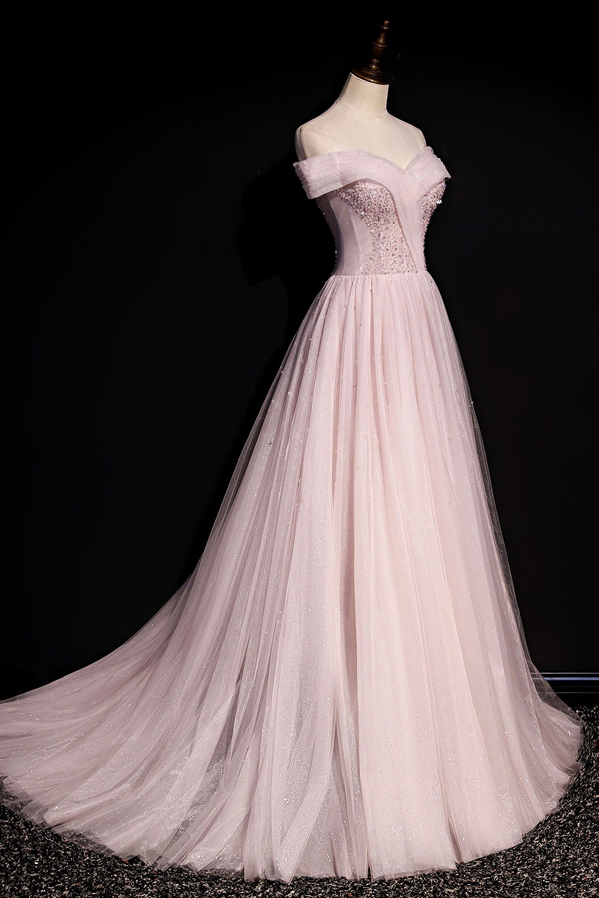 Pink tulle beads long prom dress A line evening dress  8648