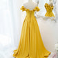 Yellow satin long A line prom dress evening dress  8812