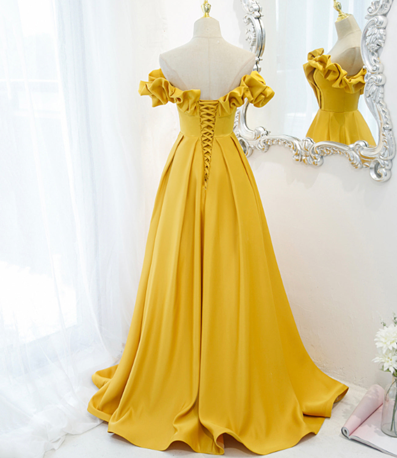 Yellow satin long A line prom dress evening dress  8812