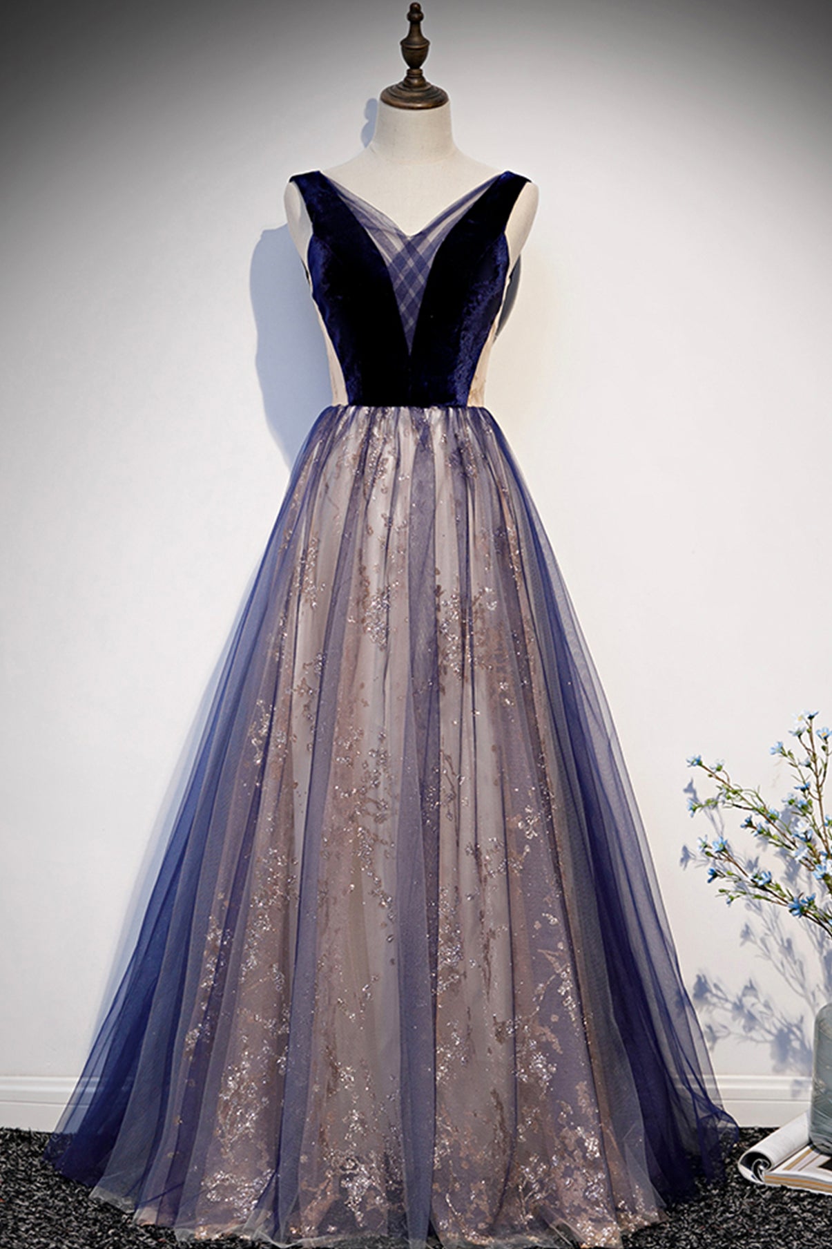 Blue v neck tulle long A line prom dress formal dress  8636