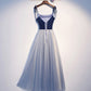 Blue velvet tulle long prom dress blue evening dress  8585