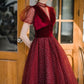 Burgundy tulle short prom dress A line evening dress  8647