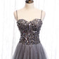 Gray tulle sequins long prom dress  8158