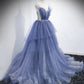 Blue tulle long A line prom dress blue evening dress  8864