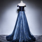 Blue velvet tulle long prom dress evening dress  8449