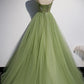 Green tulle long A line prom dress  8589