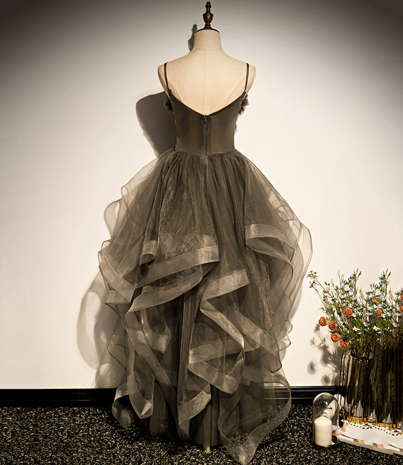 Gray tulle long A line prom dress evening dress  8824