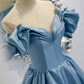 Shiny satin long A line prom dress blue evening dress  8845