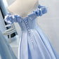 Blue satin long A line prom dress blue evening dress  8746