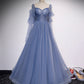 Blue tulle long prom dress simple evening dress  8430
