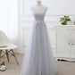 Gray tulle lace prom dress A line evening dress  8442