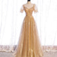 Gold tulle sequins long prom dress evening dress  8428