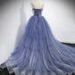 Blue tulle long A line prom dress blue evening dress  8864
