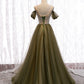 Green tulle long A line prom dress green evening dress  8929