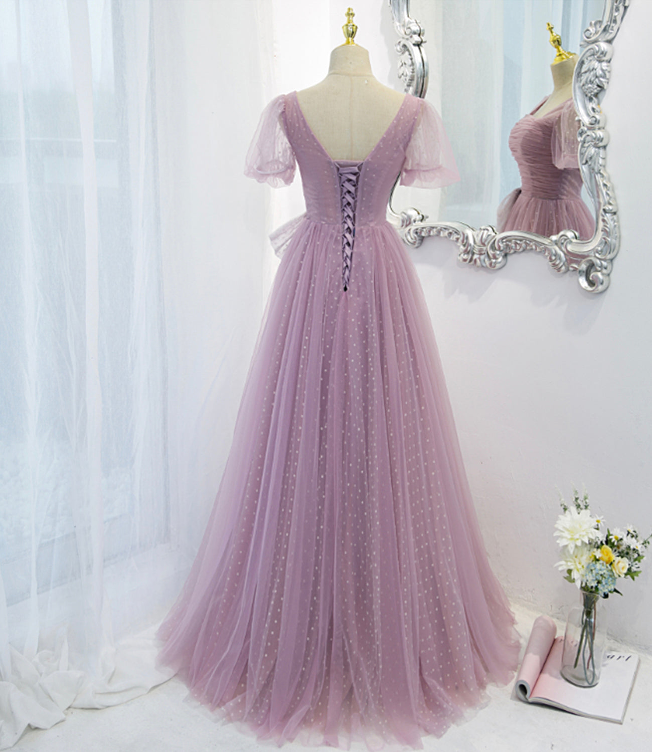 Purple tulle long A line prom dress evening dress  8820