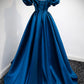 Blue satin long A line prom dress blue evening dress  8877