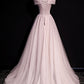 Pink tulle beads long prom dress A line evening dress  8648
