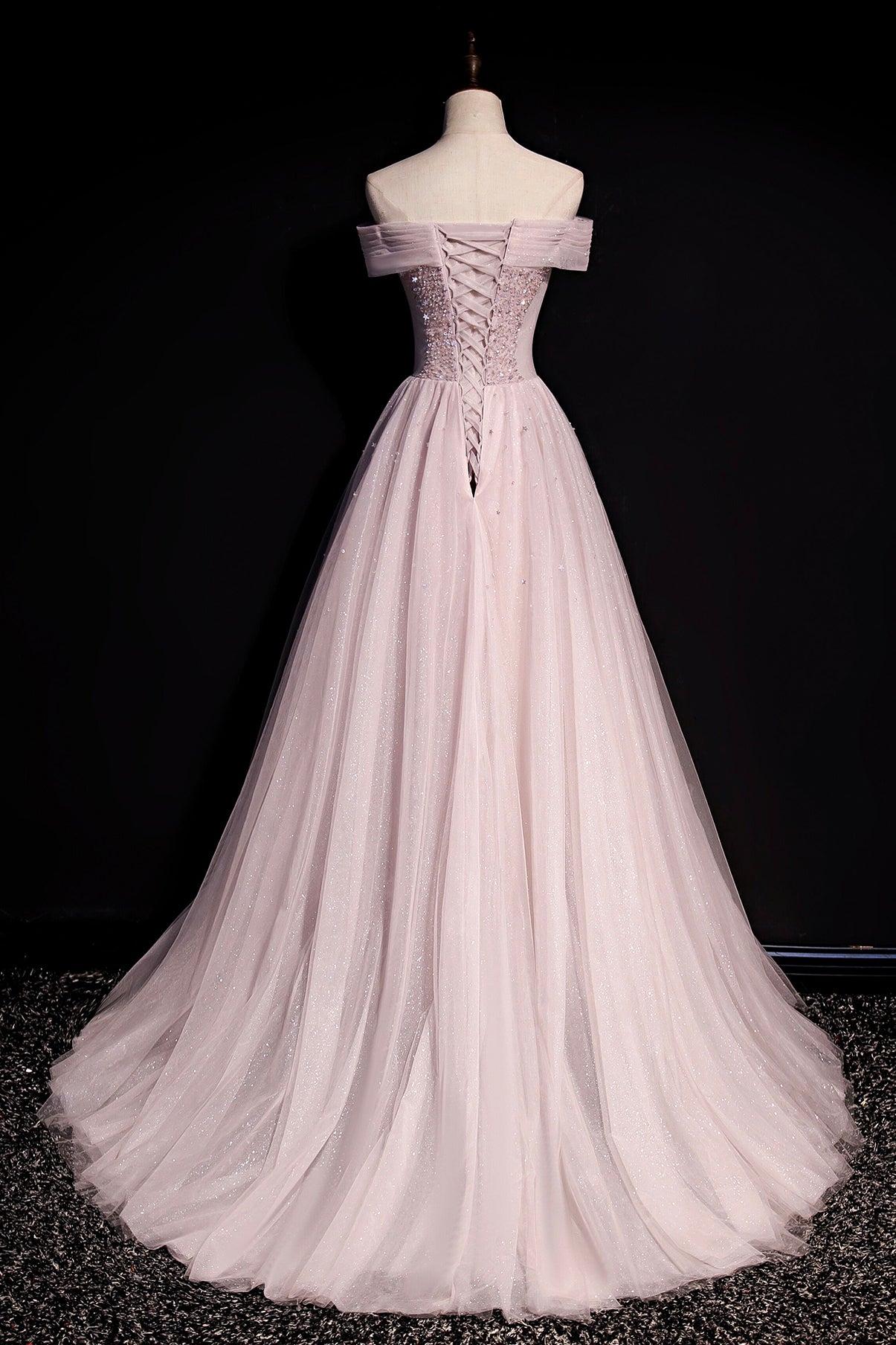 Pink tulle beads long prom dress A line evening dress  8648