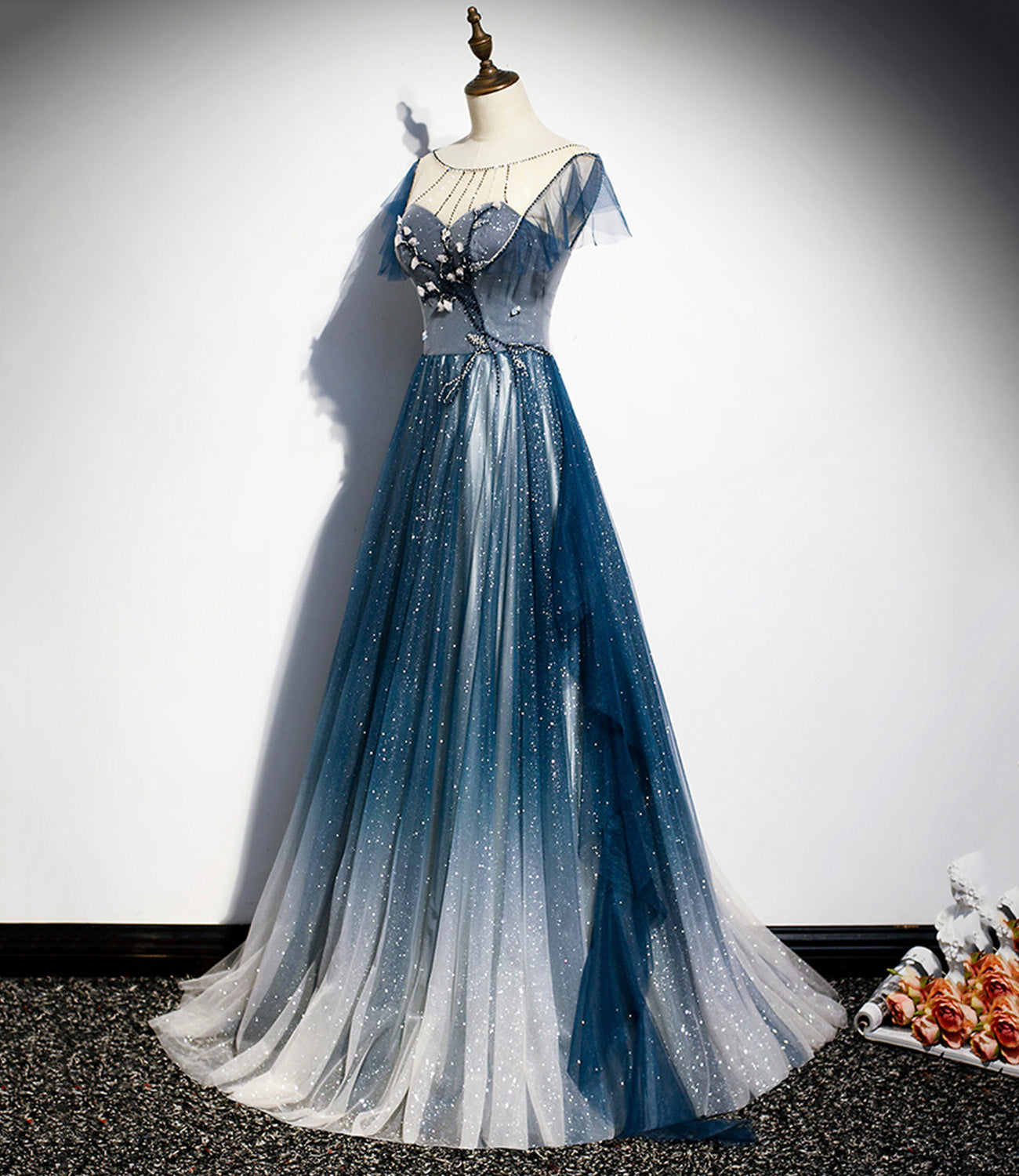 Blue tulle long A line prom dress blue evening dress  8928