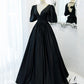 Black v neck satin long A line prom dress evening dress  8846