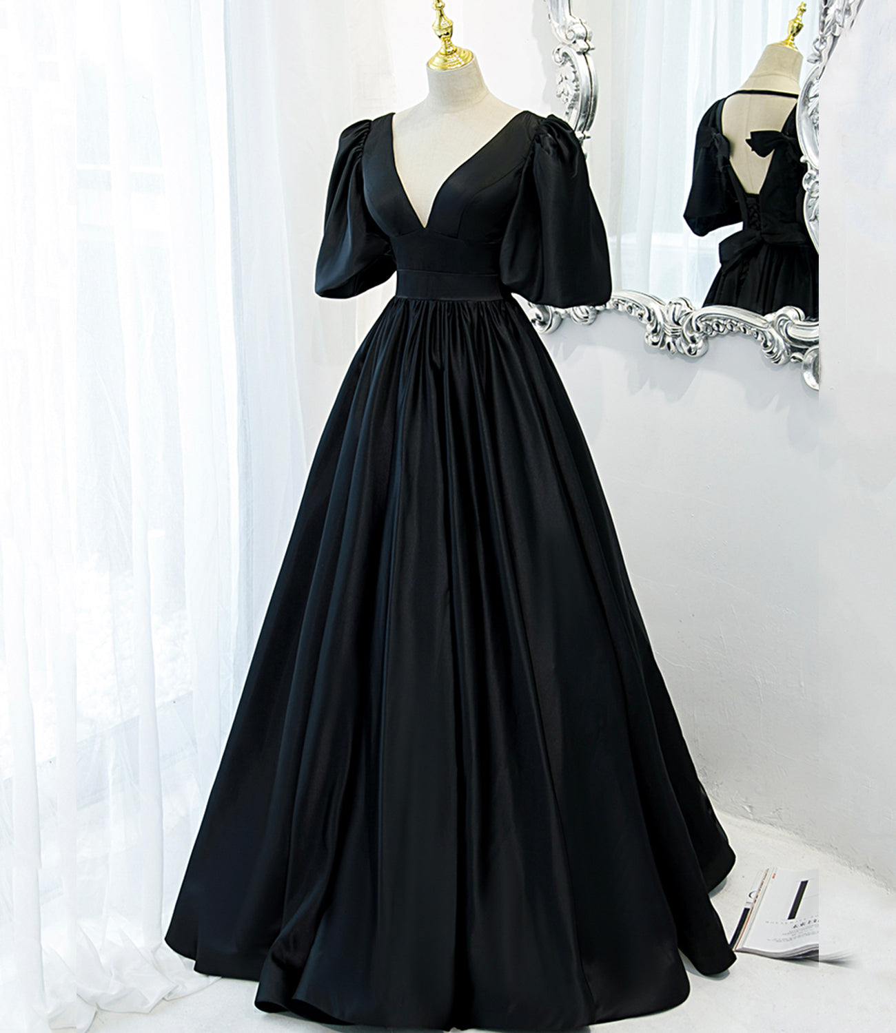 Black v neck satin long A line prom dress evening dress  8846